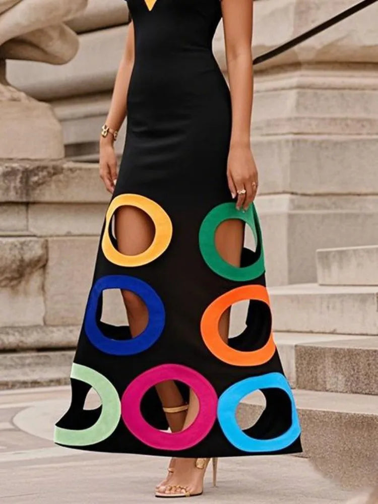 Freeacy Women'S Slim Fit V-Neck Short Sleeves Dress Contrast Color Hollowed A-Line Colorblock & Geometric Cutouts Party Dresses