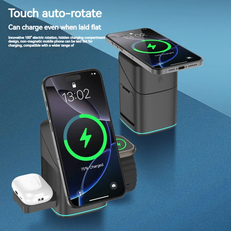 3 in 1 Wireless Charger - Electric Rotating Magnetic Charging Station for Iphone 16/15/14 Pro Max/Samsung, Phone Watch Earbuds