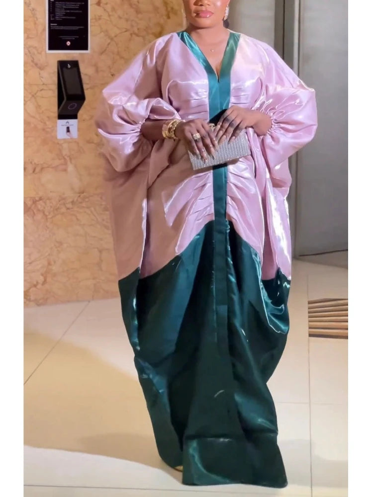 Women Shiny Bubu Kaftan Dresses for Church African Ladiestraditional Long Loose Patchwork V Neck Gowns Dashiki Africa Clothing