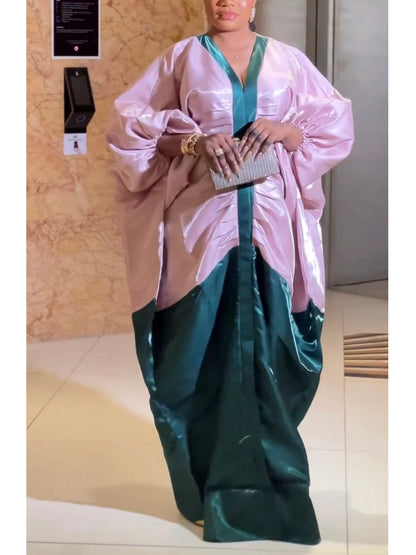 Women Shiny Bubu Kaftan Dresses for Church African Ladiestraditional Long Loose Patchwork V Neck Gowns Dashiki Africa Clothing