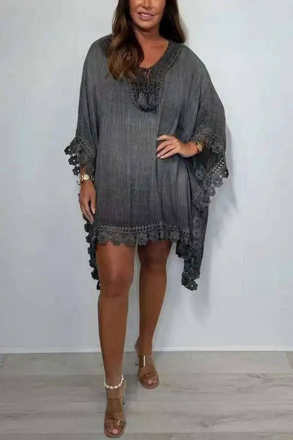 Summer Fashion Women'S Beach Dress New Sexy Boho Bat Sleeve V-Neck Hollow Edge Casual Holiday Shirt Skirt Women Vestidos 2025