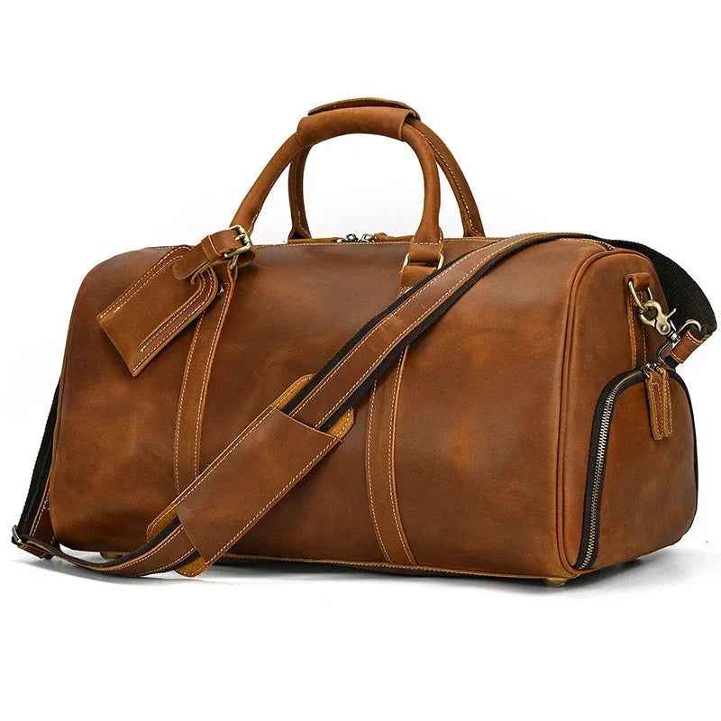 52Cm Vintage Genuine Leather Travel Bag for Men Crazy Horse Leather Travel Duffle Large Shoulder Bag Cowhide Bag Weekend Bag