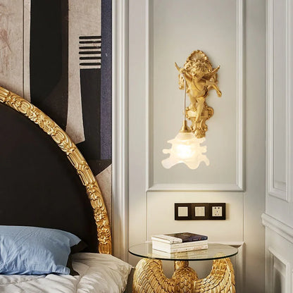 French Vintage Style Copper Angel Pendant-Shaped Crystal Wall Lamp, for Bedroom Bedside and Balcony Area