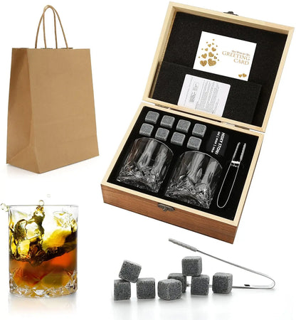 Whiskey Stones Gift Set - Whiskey Glass Set of 2 - Granite Chilling Whiskey Rocks - Scotch Bourbon Whiskey Glass Gift Box Set
