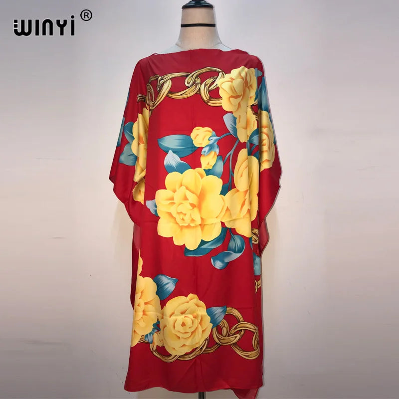 Africa Fashion Blogger Recommend Popular Printed Silk Kaftan Maxi Dresses Loose Summer Beach Bohemian Kaftan Long Dress for Lady