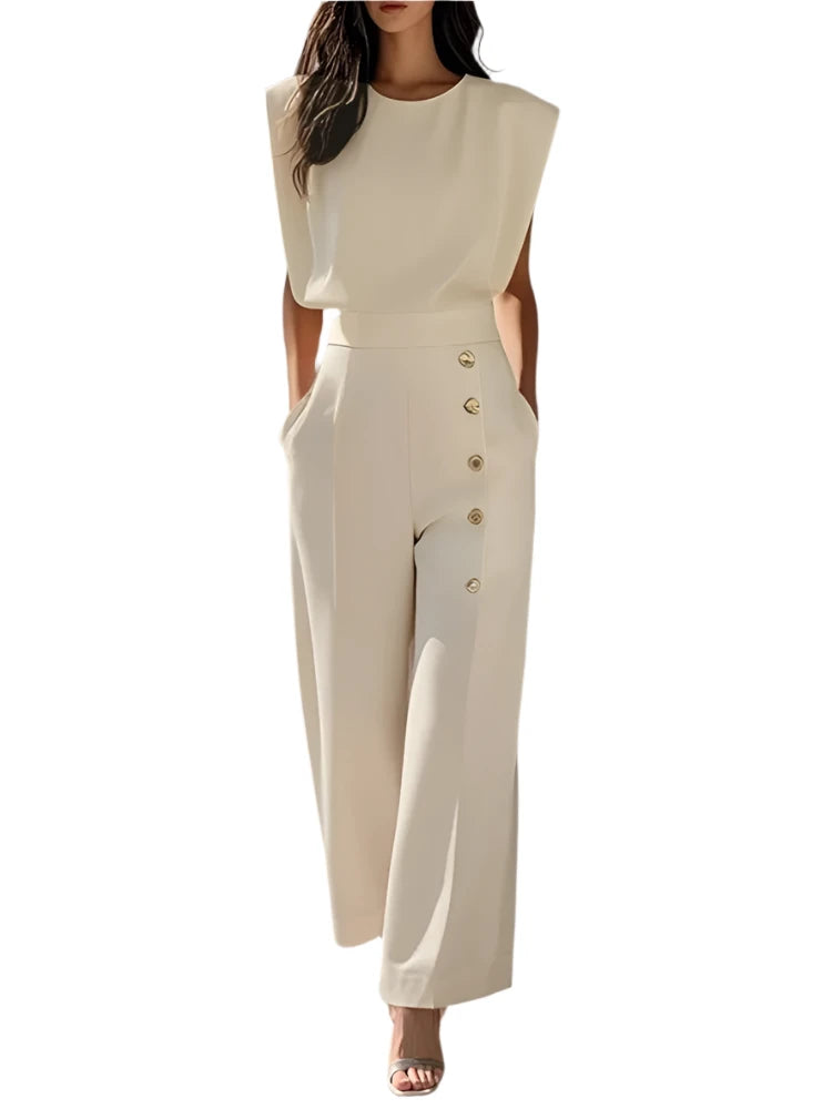 Freeacy Women Elegant Jumpsuit Solid White round Neck Cap Sleeves High Waist Wide Leg One-Piece Suit Side Buttoned Coveralls