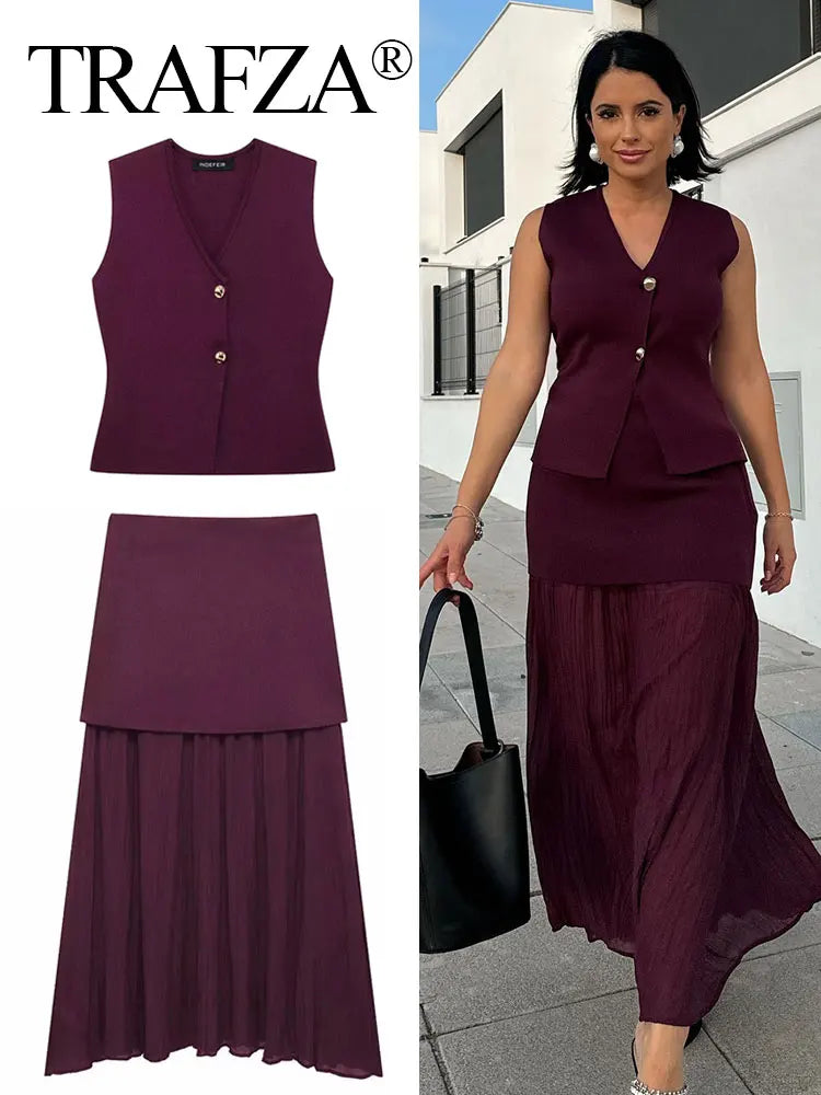 2025 Women Skirt Set Wine Red Knitted V-Neck Sleeveless Slim Vest +Solid High Waist Zipper Patchwork Long Skirt Street