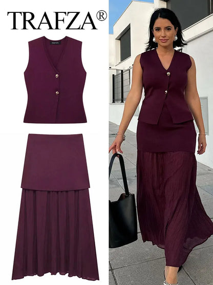 2025 Women Skirt Set Wine Red Knitted V-Neck Sleeveless Slim Vest +Solid High Waist Zipper Patchwork Long Skirt Street