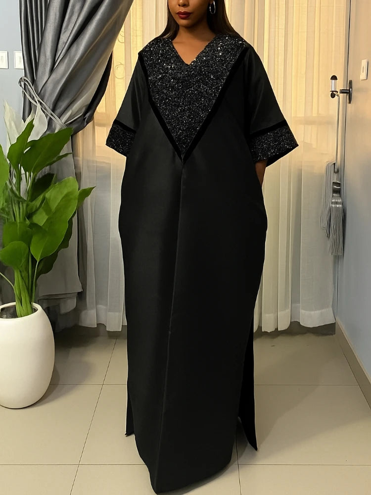 African Kaftan Boubou Dresses for Women Elegant Shiny Bubu Traditional Africa Long Loose V Neck Party Event Occasion Female New