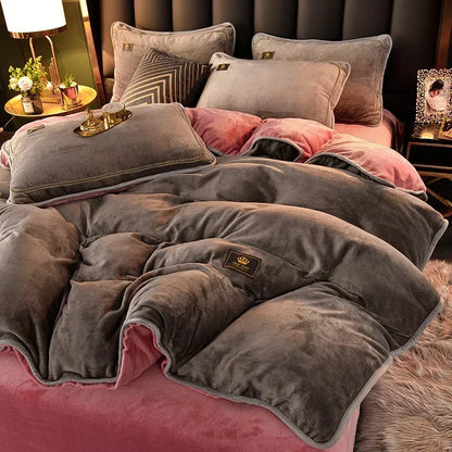 Luxury Milk Fleece Supper Ultra-Thick Bedding Set Queen Size High End Warm Winter Duvet Cover Set Warmth Comforter Bedding Sets
