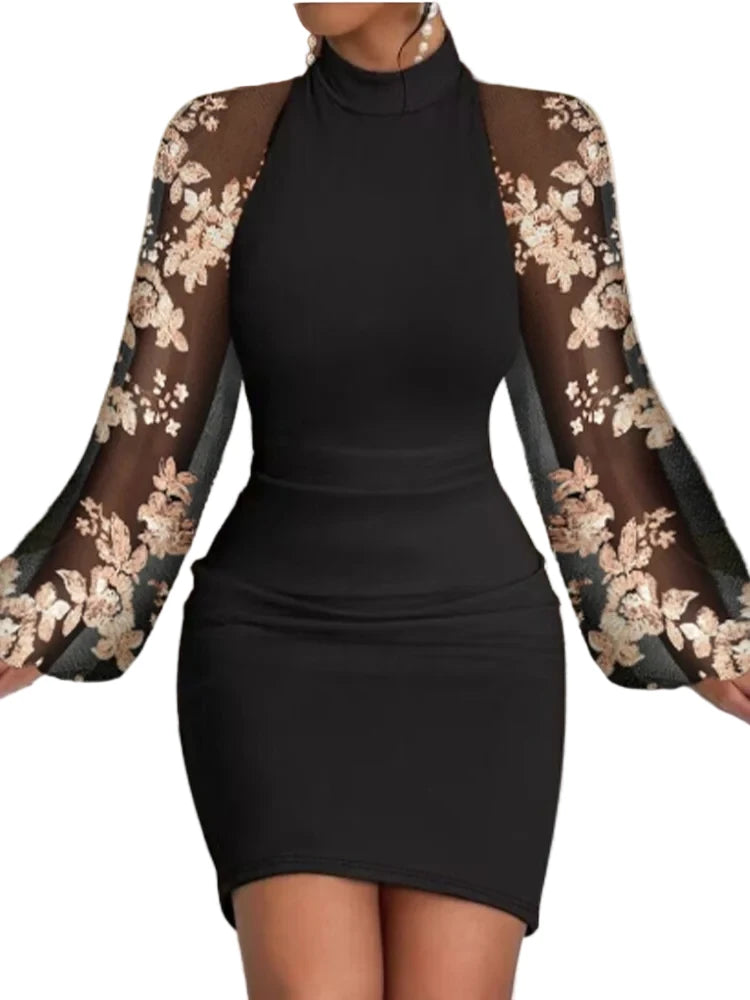 Round Neck Lace Lantern Long Sleeved Sequin Sexy Women'S Hip Hugging Skirt Date Party Fashionable Slim Autumn Dress