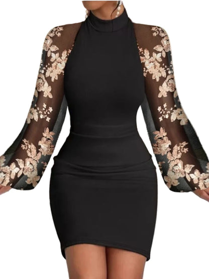 Round Neck Lace Lantern Long Sleeved Sequin Sexy Women'S Hip Hugging Skirt Date Party Fashionable Slim Autumn Dress