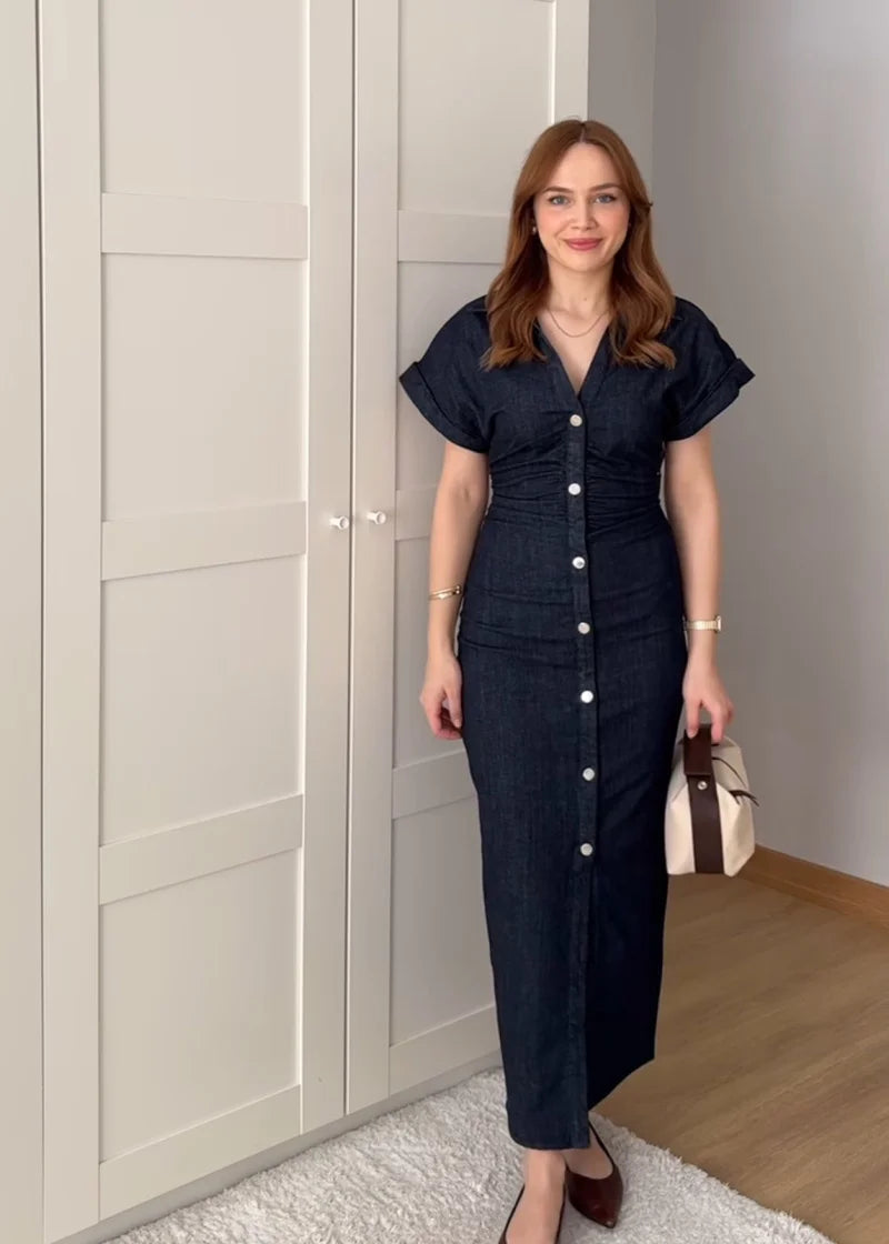 2025 Traf Spring New 1975 Series Denim MIDI Dress with Lapel Side Zipper Fashion Wrinkle Waist Slim Elegant Dress