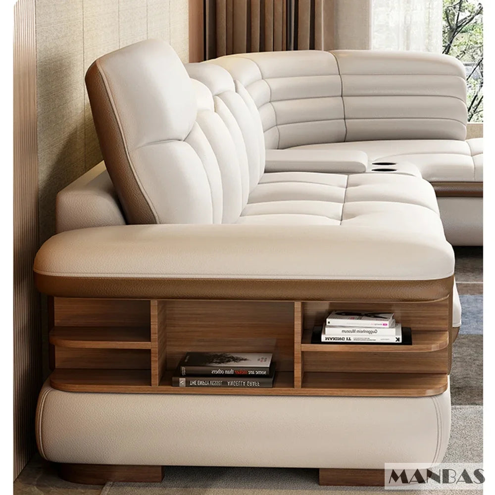 Luxury L-Shaped Genuine Leather Sectional Sofa Sets with USB, Bluetooth Speaker -  Living Room Italian Leather Couches