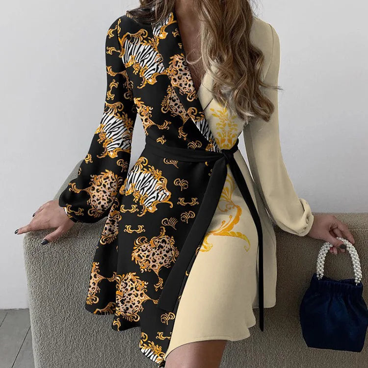Women'S Autumn New Fashion V-Neck Long Sleeve High Waist One Piece Color Matching Lace up Irregular Dress