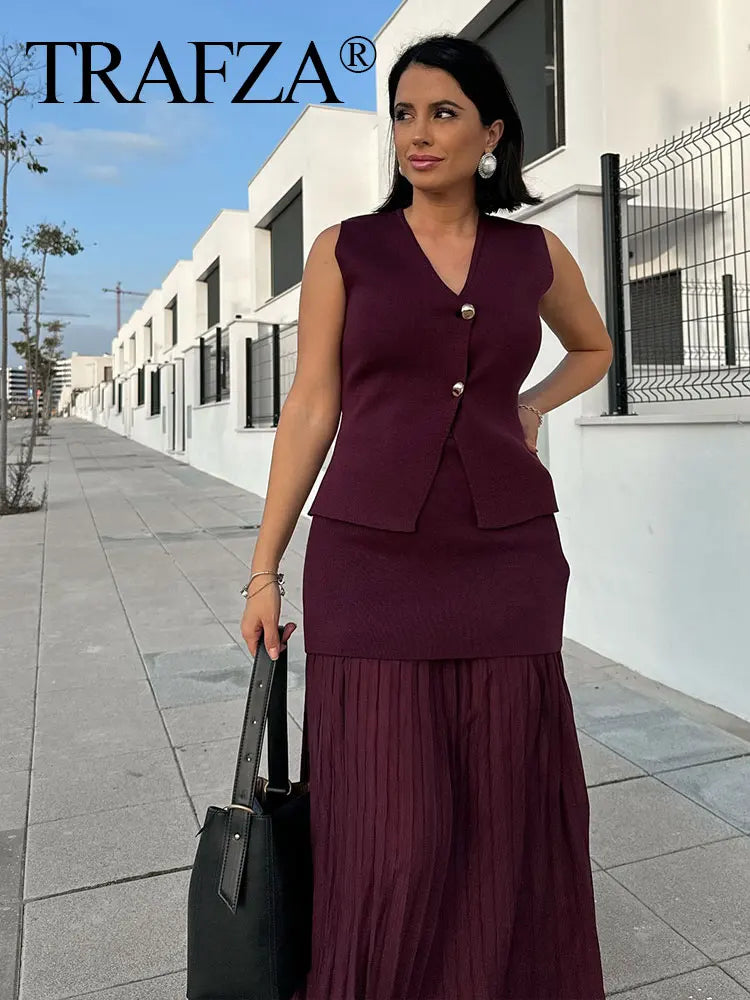2025 Women Skirt Set Wine Red Knitted V-Neck Sleeveless Slim Vest +Solid High Waist Zipper Patchwork Long Skirt Street