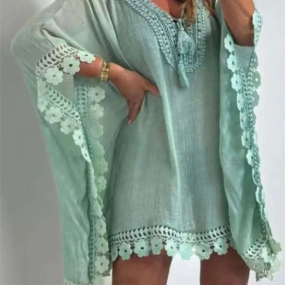Summer Fashion Women'S Beach Dress New Sexy Boho Bat Sleeve V-Neck Hollow Edge Casual Holiday Shirt Skirt Women Vestidos 2025
