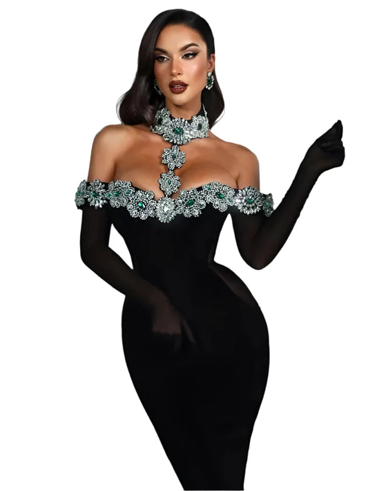 Summer Bandage Dress 2025 Women Celebrity Sexy Diamonds Crystal Black Maxi Long Bodycon Elegant Evening Club Party Dress