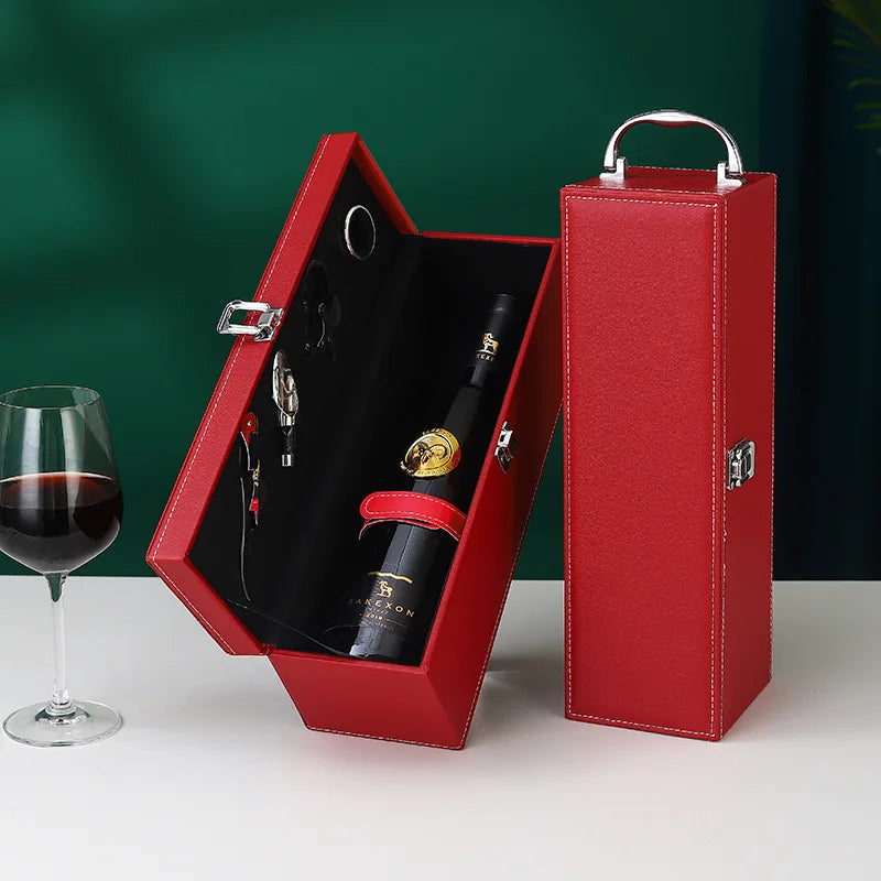 Classic PU Leather Single Red Wine Holder Luxury Ring Paper Cutter Seahorse Knife Pourer Wooden Packing Box Gift