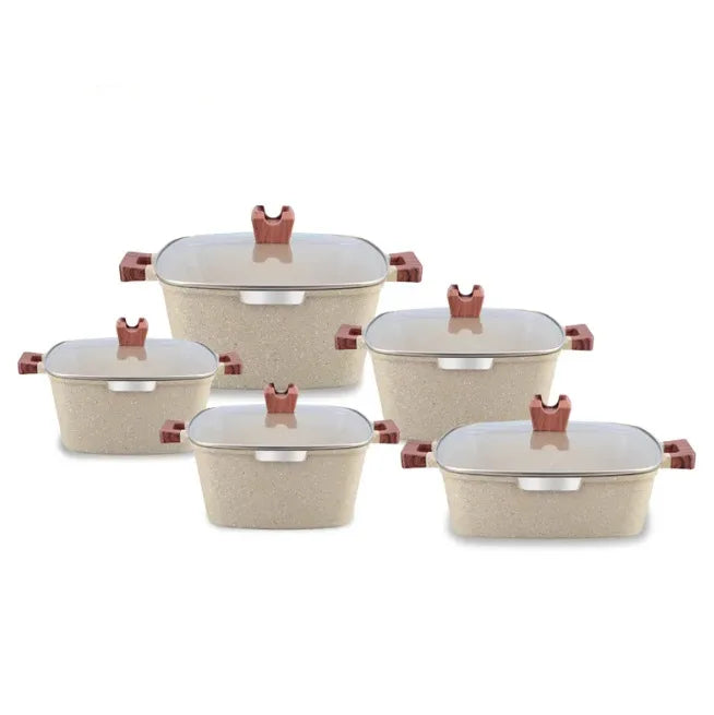 New Style 10 Pcs Square Stock Pot Nonstick Die-Cast Aluminum Cookware Set Granite Gumwood Silicone Lid Heat Resistant Handle