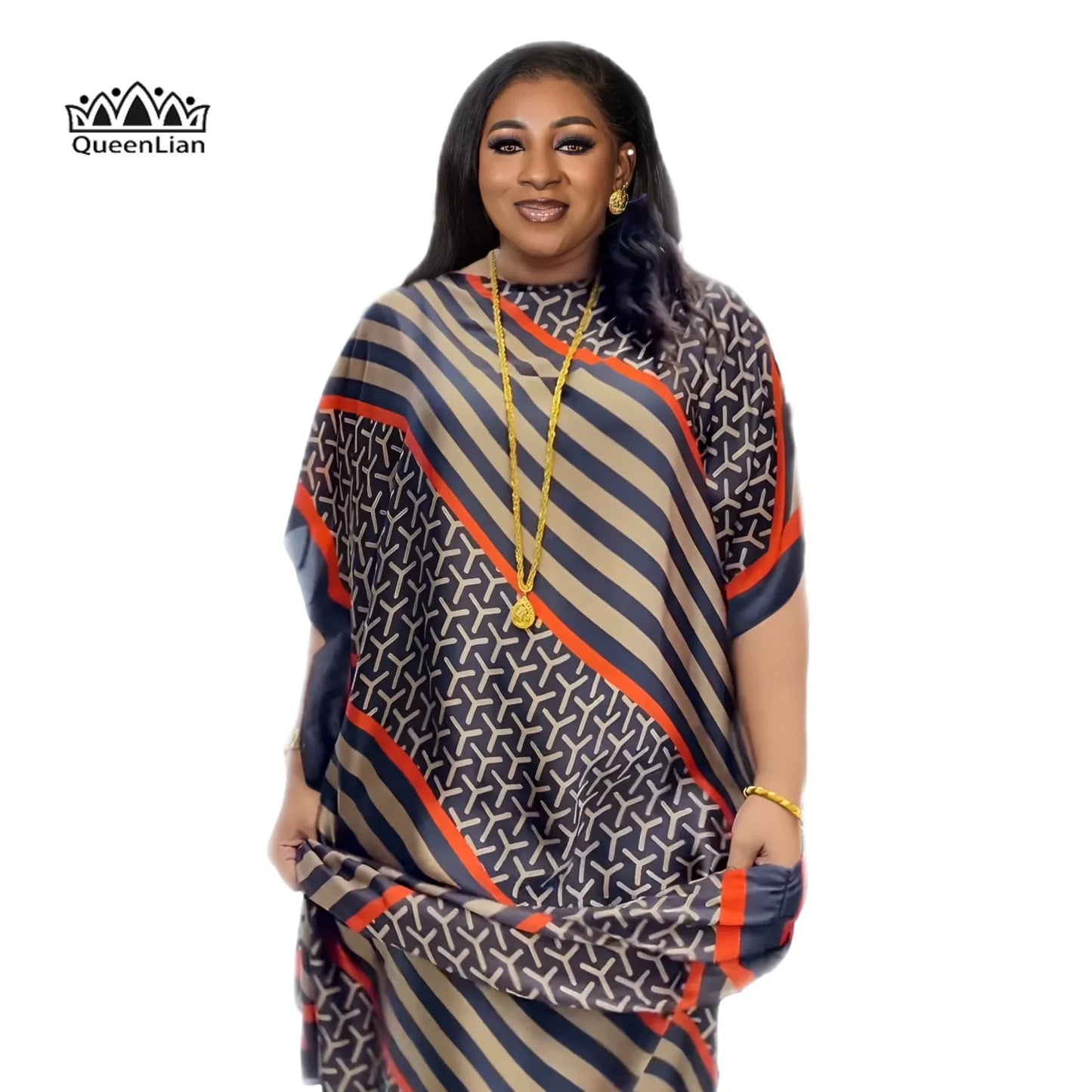 New Style Fashion Oversize African Women Clothing Dubai Dashiki Abaya Free Size Print Design with Scarf Loose Long Dress