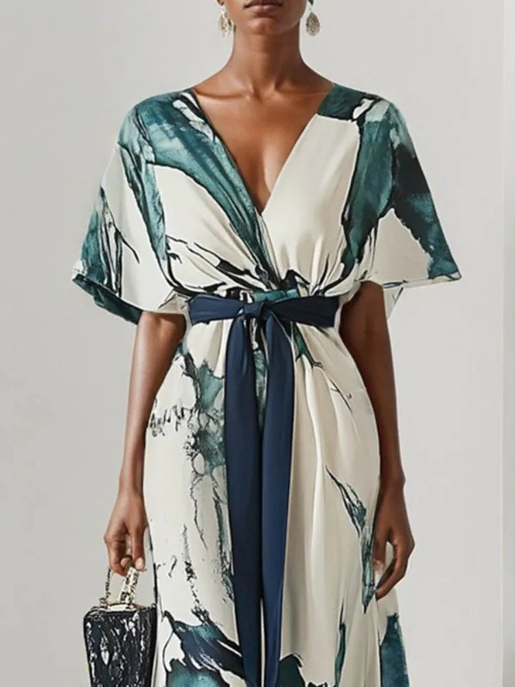 Freeacy Watercolor Printed Elegant Maxi Dress for Women 2025 Summer V-Neck Lace-Up Waist Batwing Sleeves Pleated Party Dresses