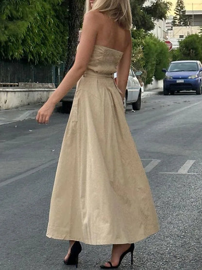 Freeacy Women'S Khaki Strapless Double Breasted High Waist Belted Dress Elegant Casual Office Wear 2025 New Party Dresses