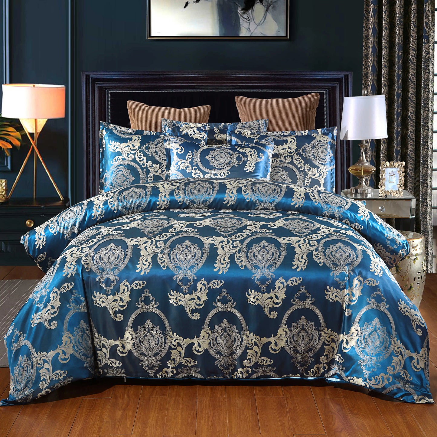 Satin Duvet Cover Size, Floral Jacquard Satin Duvet Cover Set 3 Piece Luxury Silk like Bedding Comforter Cover Set