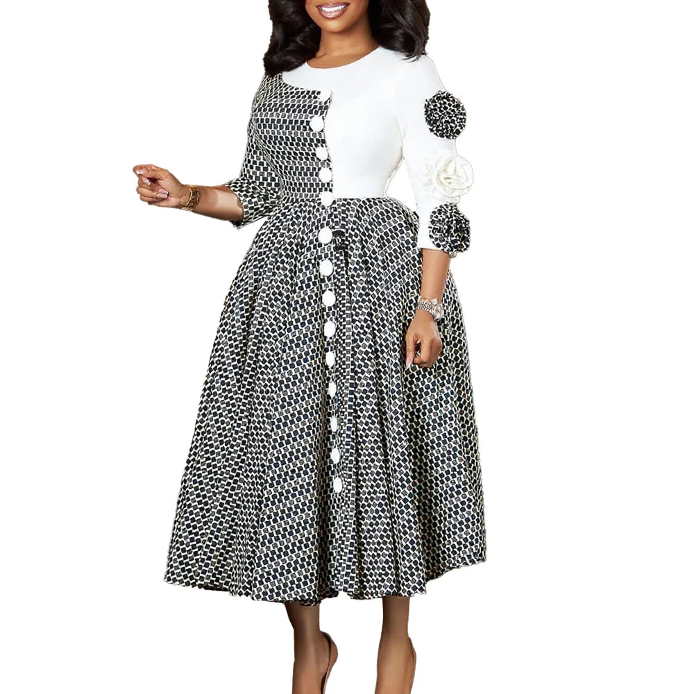 Elegant Dresses for Women 2025 Fall Fashion African 3/4 Sleeve Party Birthday New Robe Chic 3D Flower Plaid Evening A-Line Dress