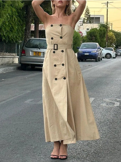 Freeacy Women'S Khaki Strapless Double Breasted High Waist Belted Dress Elegant Casual Office Wear 2025 New Party Dresses