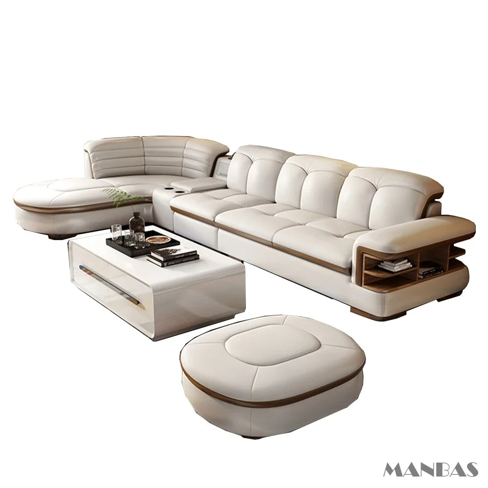 Luxury L-Shaped Genuine Leather Sectional Sofa Sets with USB, Bluetooth Speaker -  Living Room Italian Leather Couches