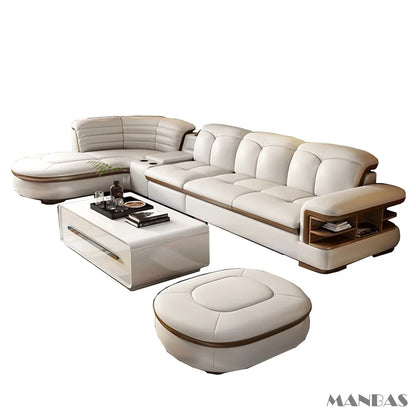 Luxury L-Shaped Genuine Leather Sectional Sofa Sets with USB, Bluetooth Speaker -  Living Room Italian Leather Couches