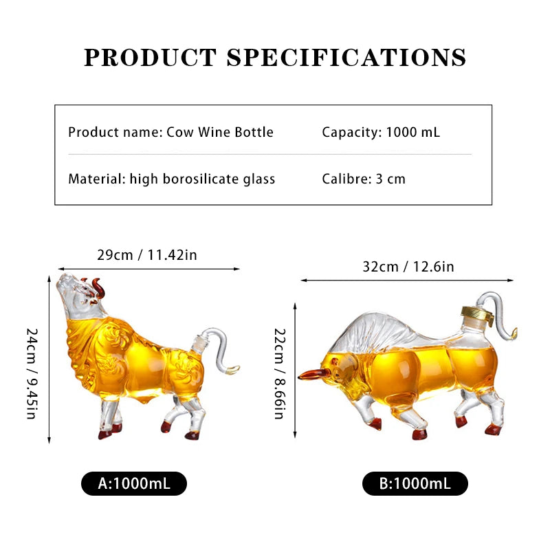1000Ml Cattle Glass the Wine Bottle Fruit Juice Whisky Borosilicate Animal Arts and Crafts Ornament Decoration for Bar Gift