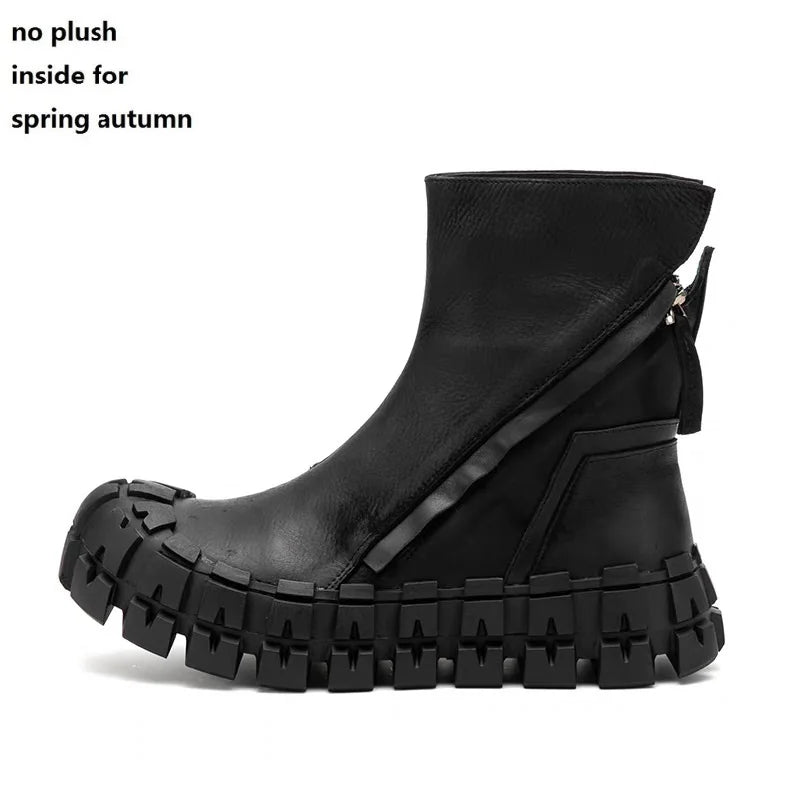 Spring Autumn New British Style Retro Chunky Gear Bottom Sewing Zipper Genuine Leather Men Mid-Calf Half Motorcycle Boots 2306