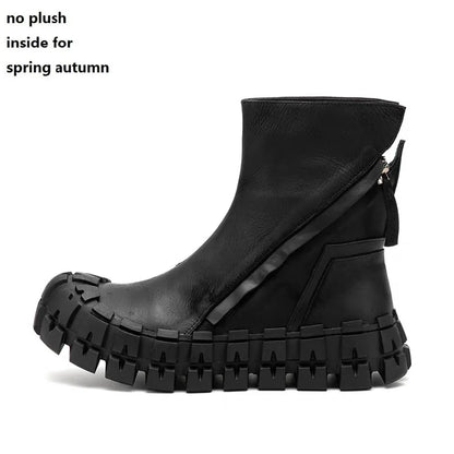 Spring Autumn New British Style Retro Chunky Gear Bottom Sewing Zipper Genuine Leather Men Mid-Calf Half Motorcycle Boots 2306
