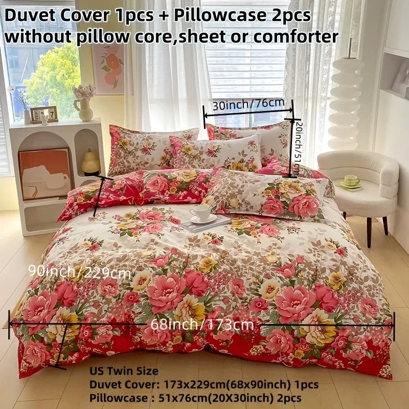 Floral Duvet Cover Set with Zipper Closure - 3 Piece Bedding Set Includes 1 Duvet Cover and 2 Pillowcases