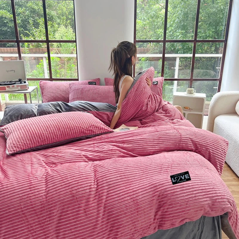 3Pcs Duvet Cover Winter Warm Bedding Sets Double Quilt Cover King Twin Queen Size Bed Thick Flano Coral Fleece with Pillowscase