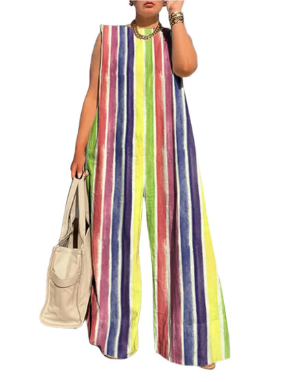 Bonboho 2025 Women'S Casual Jumpsuit round Neck Sleeveless Colorful Striped Wide Leg Coveralls Streetwear Loose One-Piece Suit