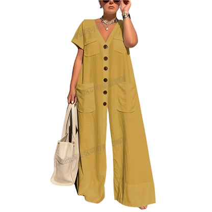 New Summer V-Neck Single-Breasted Women'S Jumpsuits Fashion Pocket Elegant Office Rompers Casual Loose Oversized Women Jumpsuit