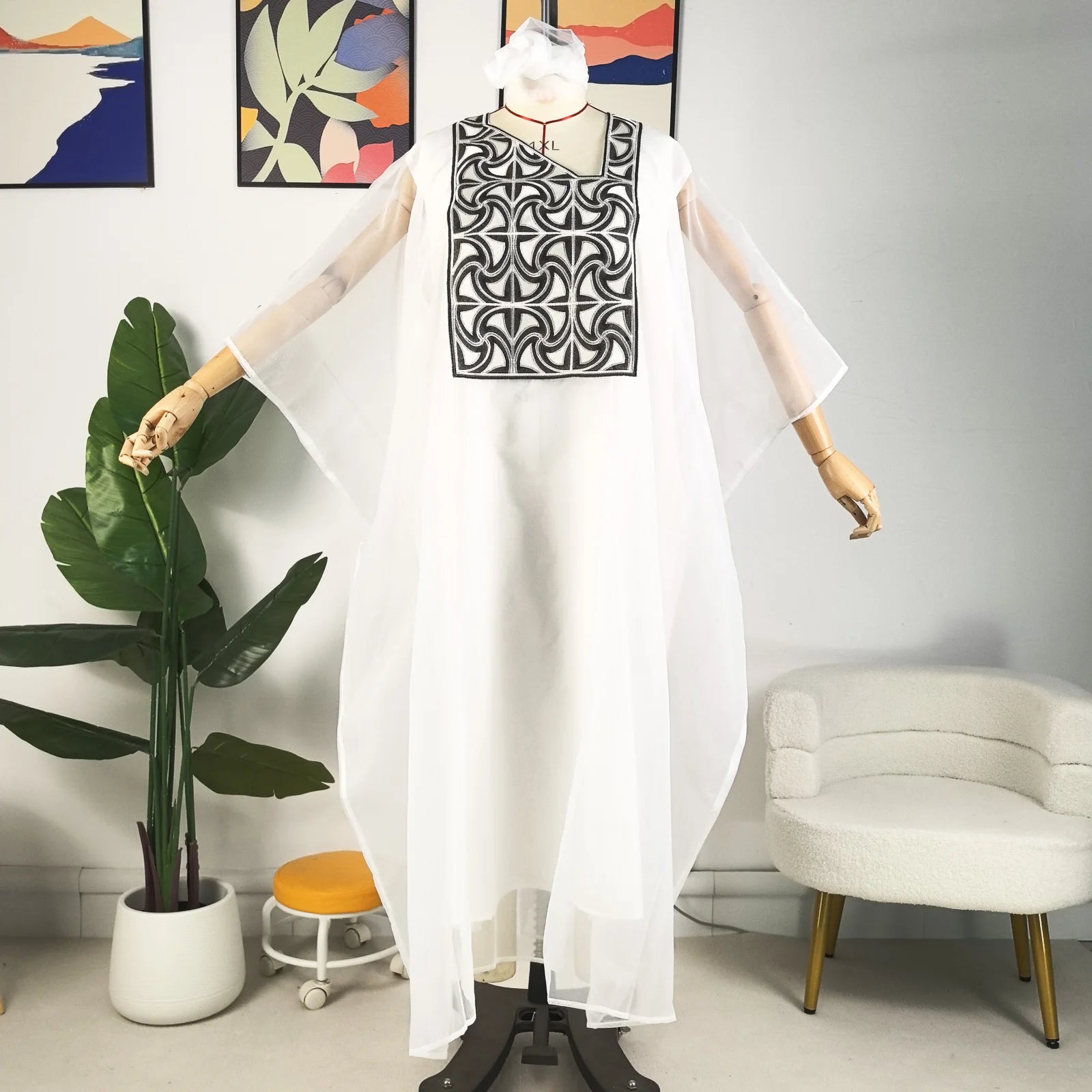 African Attire for Women White Abaya Embroidery plus Size Elegant Party Church Dress with Scarf