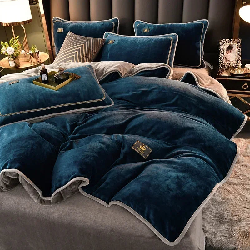 Luxury Milk Fleece Supper Ultra-Thick Bedding Set Queen Size High End Warm Winter Duvet Cover Set Warmth Comforter Bedding Sets