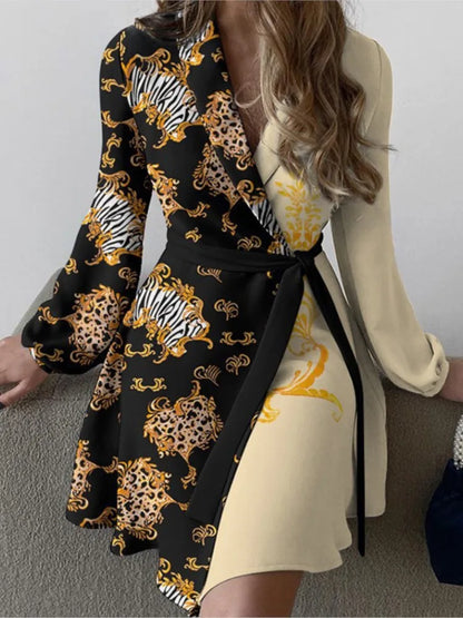 Women'S Autumn New Fashion V-Neck Long Sleeve High Waist One Piece Color Matching Lace up Irregular Dress
