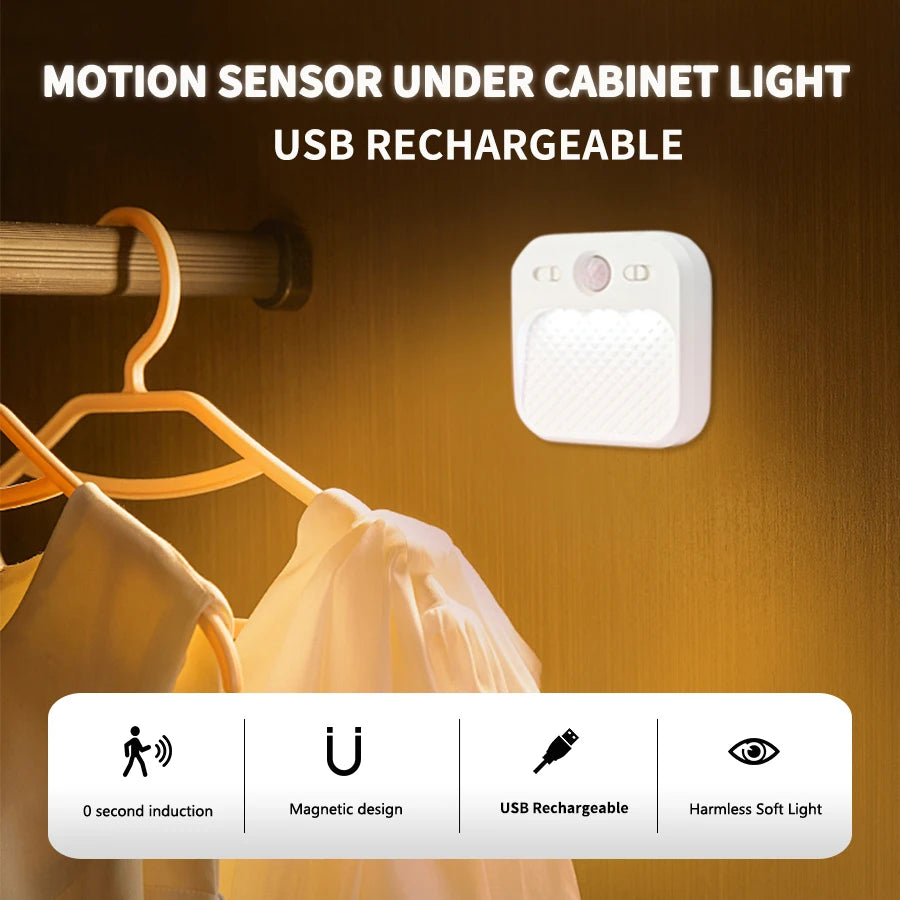 1-4 Pack Motion Sensor LED Night Light Rechargeable Stick-On Magnet Night Lamp for Bedroom Stairs Cabinet Hallway Kitchen Lights