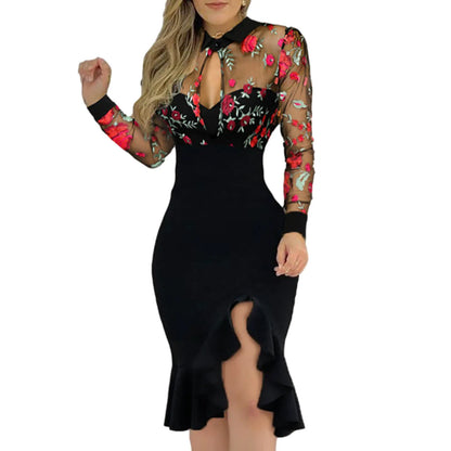 Long Dresses Spring Summer Sexy Mesh Ruffle Dress Wome Long Sleeve Irregularity Midi Dress Fashion Print Elegant Party Dresses