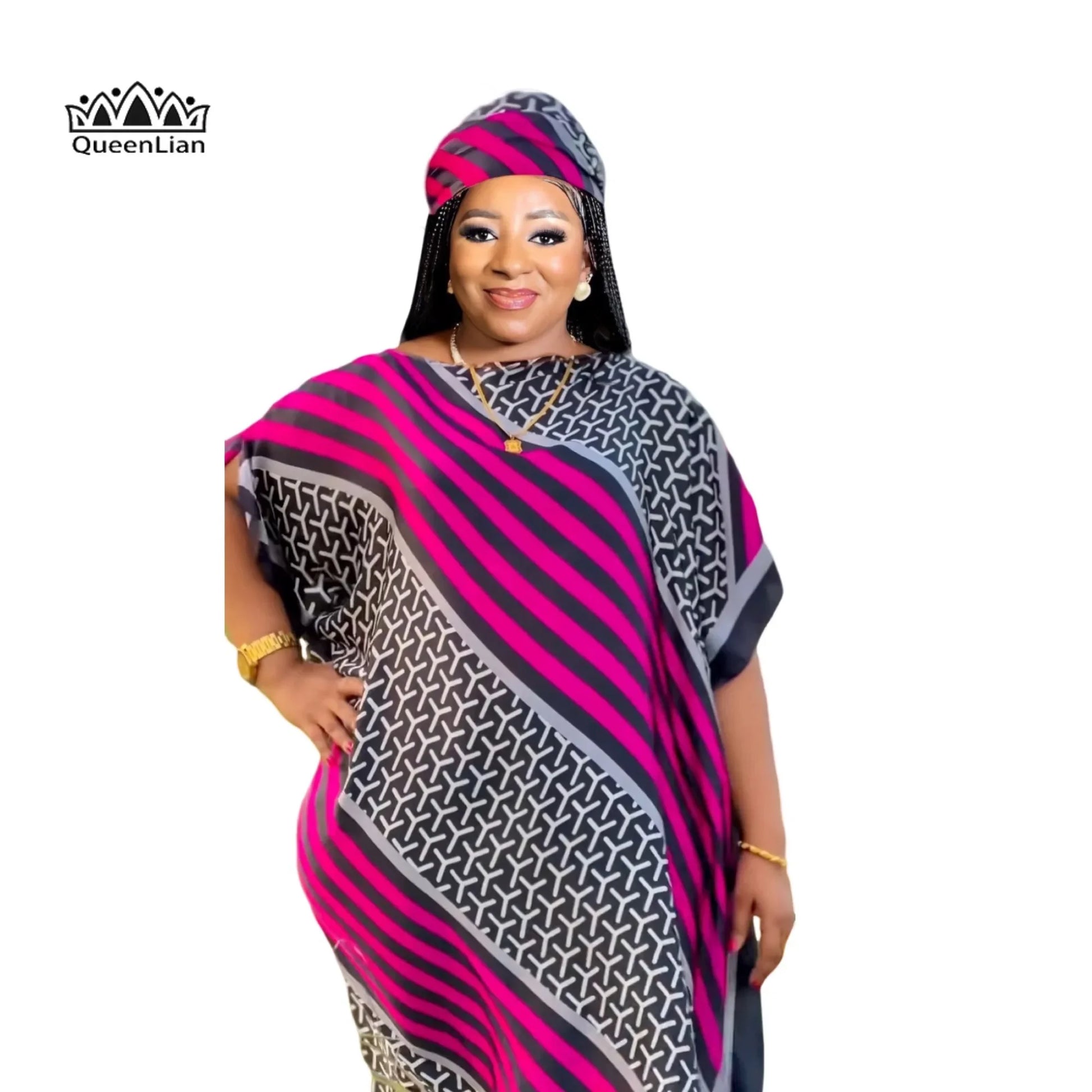 New Style Fashion Oversize African Women Clothing Dubai Dashiki Abaya Free Size Print Design with Scarf Loose Long Dress