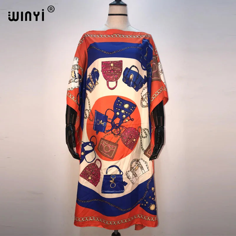Africa Fashion Blogger Recommend Popular Printed Silk Kaftan Maxi Dresses Loose Summer Beach Bohemian Kaftan Long Dress for Lady