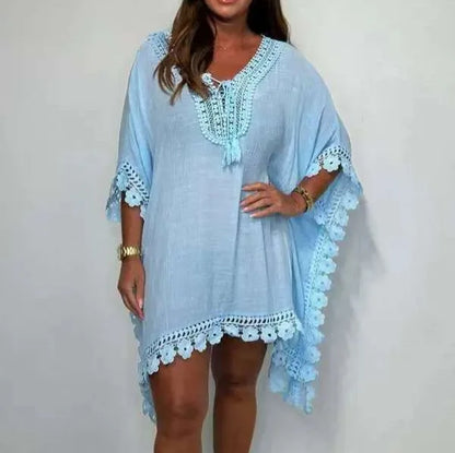 Summer Fashion Women'S Beach Dress New Sexy Boho Bat Sleeve V-Neck Hollow Edge Casual Holiday Shirt Skirt Women Vestidos 2025