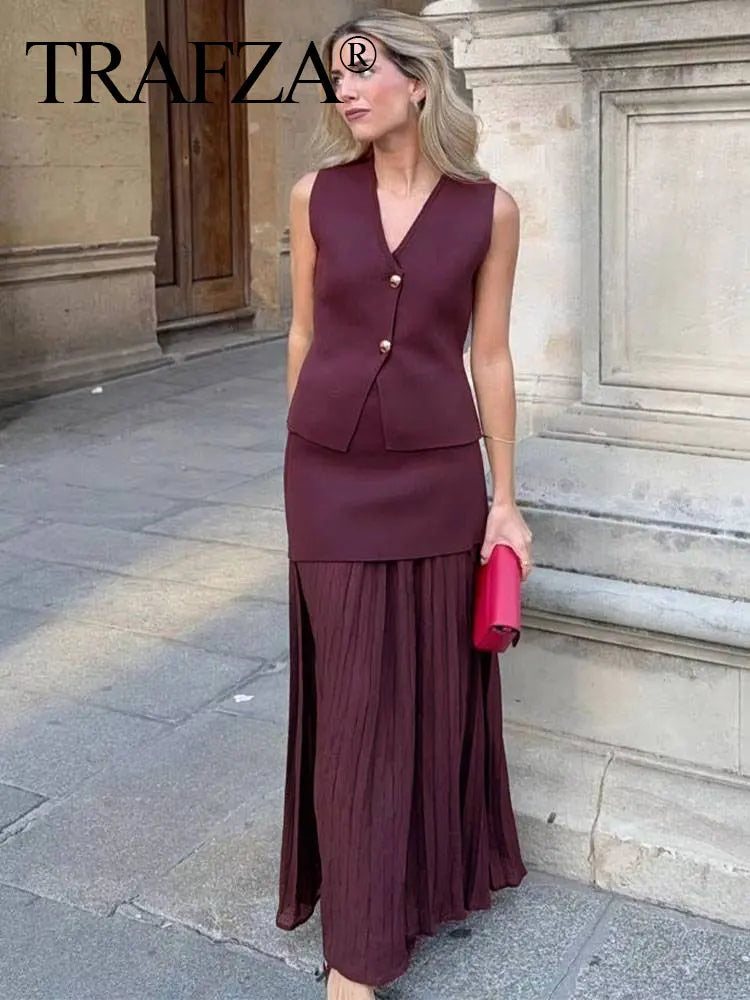 2025 Women Skirt Set Wine Red Knitted V-Neck Sleeveless Slim Vest +Solid High Waist Zipper Patchwork Long Skirt Street