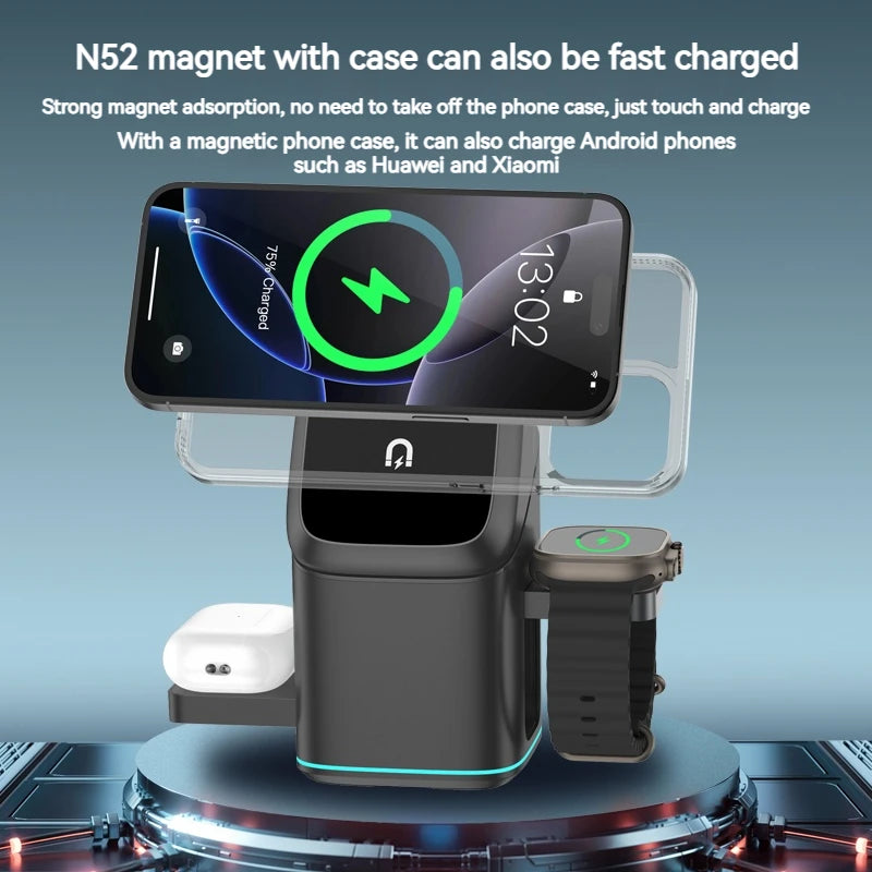 3 in 1 Wireless Charger - Electric Rotating Magnetic Charging Station for Iphone 16/15/14 Pro Max/Samsung, Phone Watch Earbuds