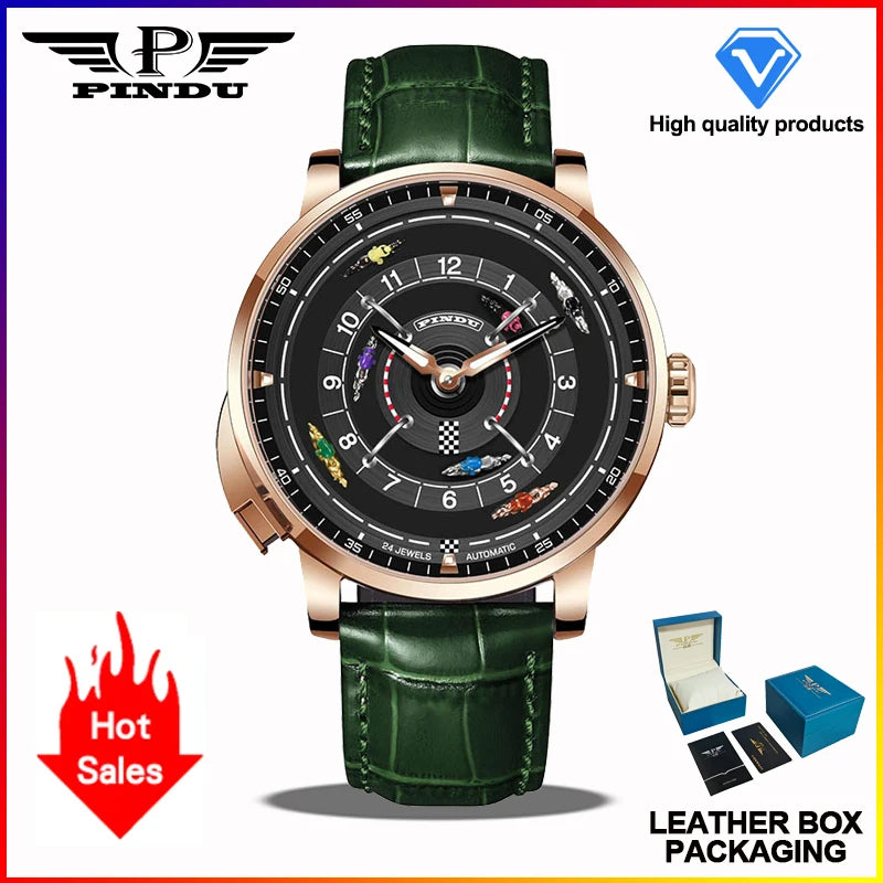 PINDU New Horse Racing Series Men Mechanical Watch NH35 Movement Horse Racing Wheel Game Design Sapphire 50M Waterproof Watch